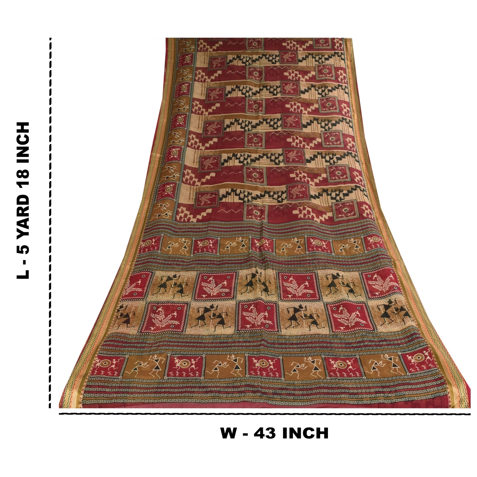 Sanskriti Vintage Sarees Red Warli Art Pure Cotton Human Print Sari 5+Yd Fabric