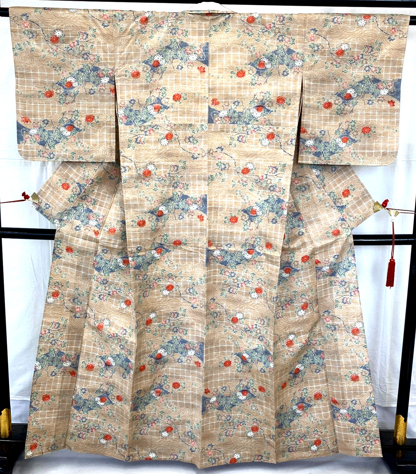 Japanese Vintage Kimono Silk Beige No Lining Traditional Authentic Length 62 in