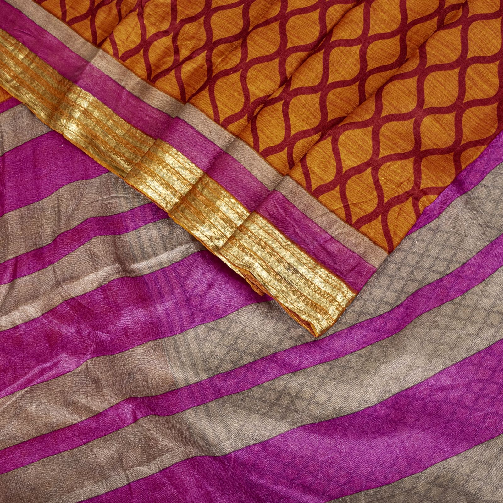 Sanskriti Vintage Gray Pure Silk Saree Geometric Print Sari 5+Yard Craft Fabric