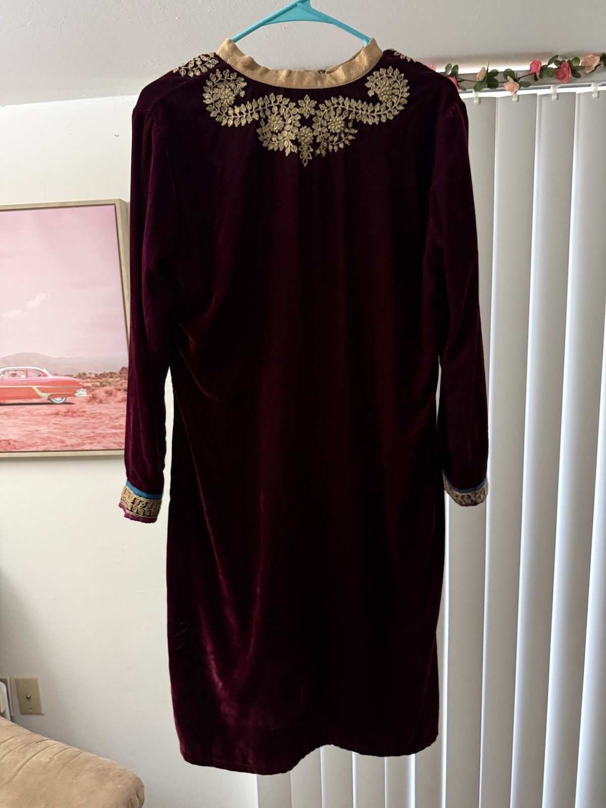 Lakshita Indian Burgundy Kaftan Kurta Tunic Embroidered Velvet Trim Ethnic Large