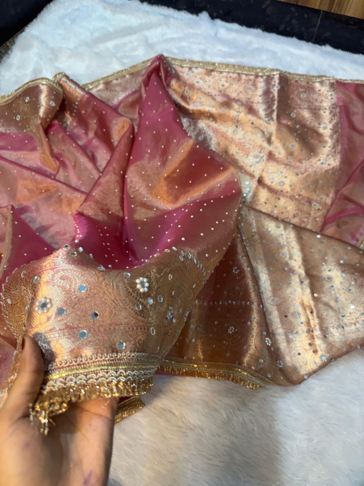 Premium Banarasi Soft Tissue Silk Saree | Mirror Work & Designer Lace Border