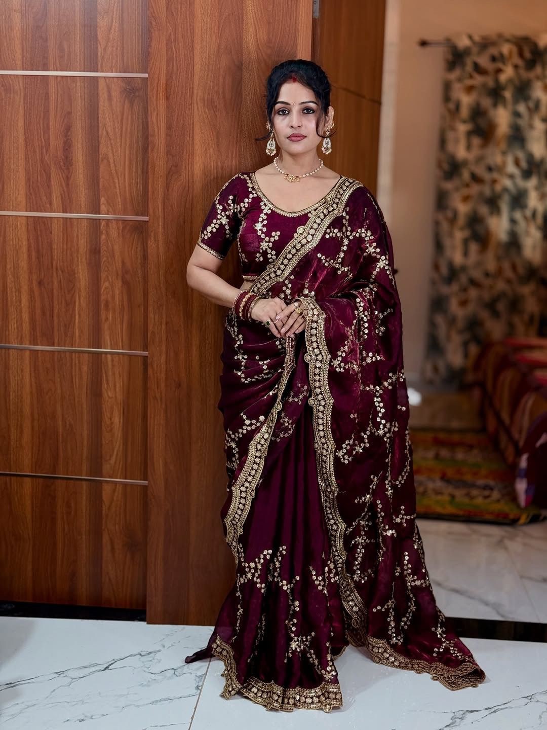Designer Sari Bollywood Bridal Wine Saree Blouse Wedding Saree Party Wear Saree