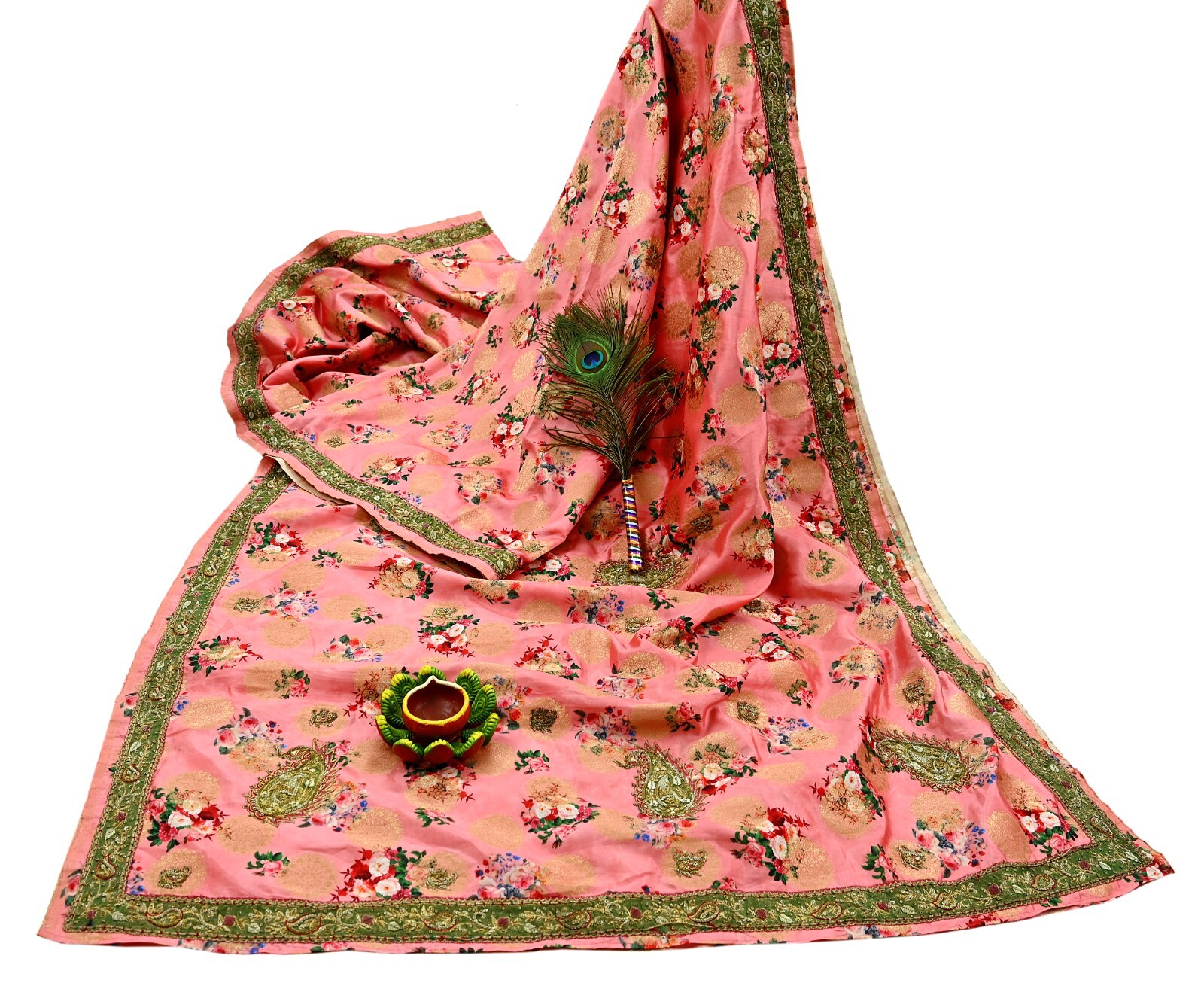 Vintage Peach Sarees Hand Embroidered Woven Brocade Sari Fabric 6Yd Sewing Dabka