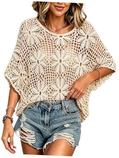 Pinclodly Womens Crochet Cover Up Plus Size Boho Tops Crochet Small Apricot