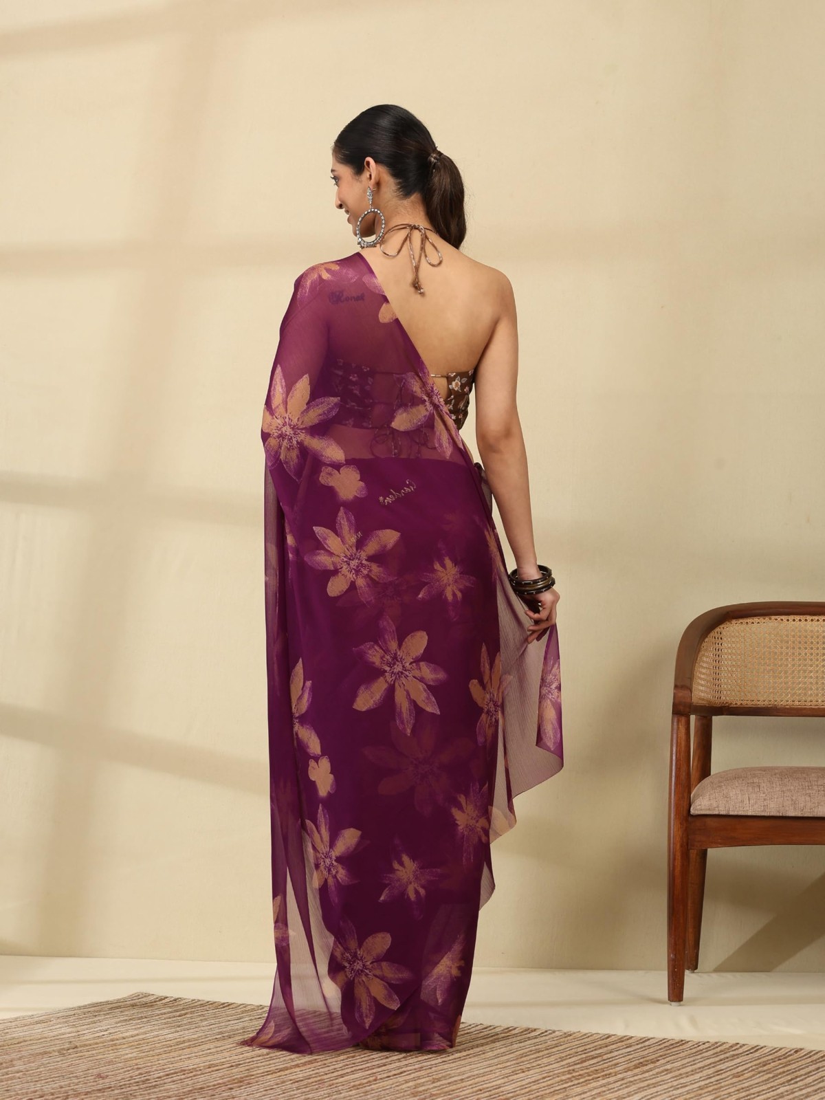 Women’s Floral Print Chiffon Saree Indian Bollywood Designer Festive Party Wear