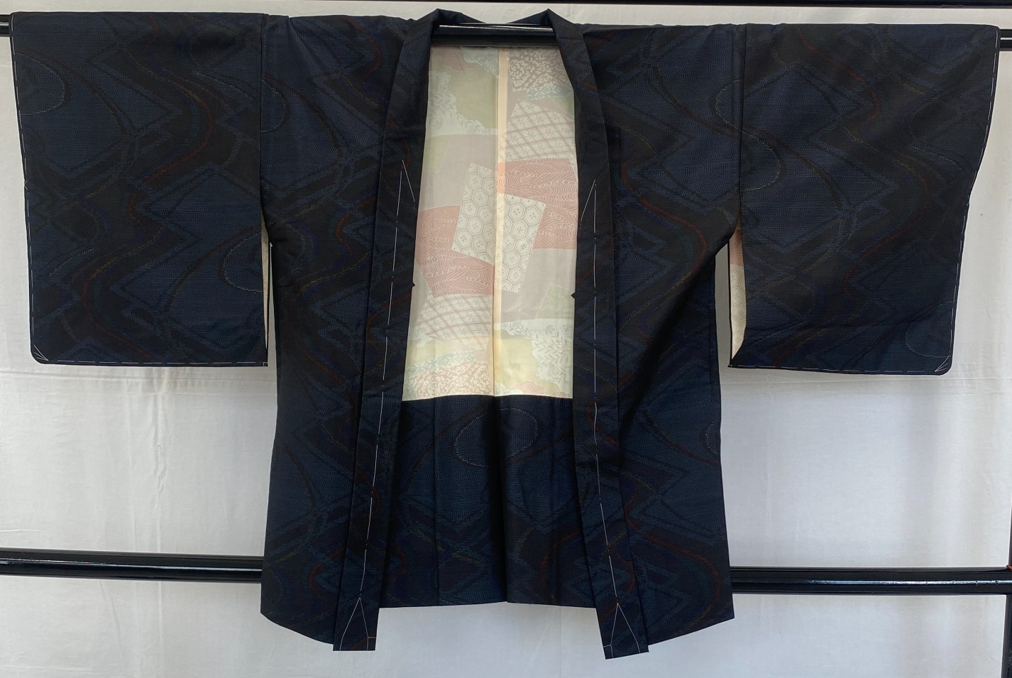 Japanese Vintage Kimono Haori Jacket Silk Navy Oshima Traditional Authentic 33in