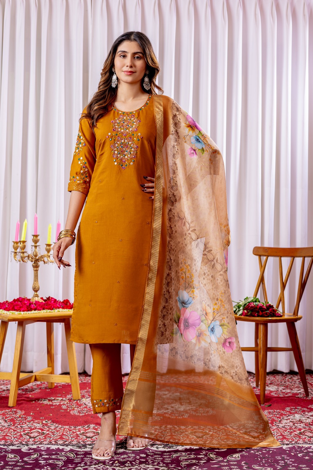 Bollywood Style Women Kurta Pant Dupatta Set | Indian Pakistani Ethnic Kurti L