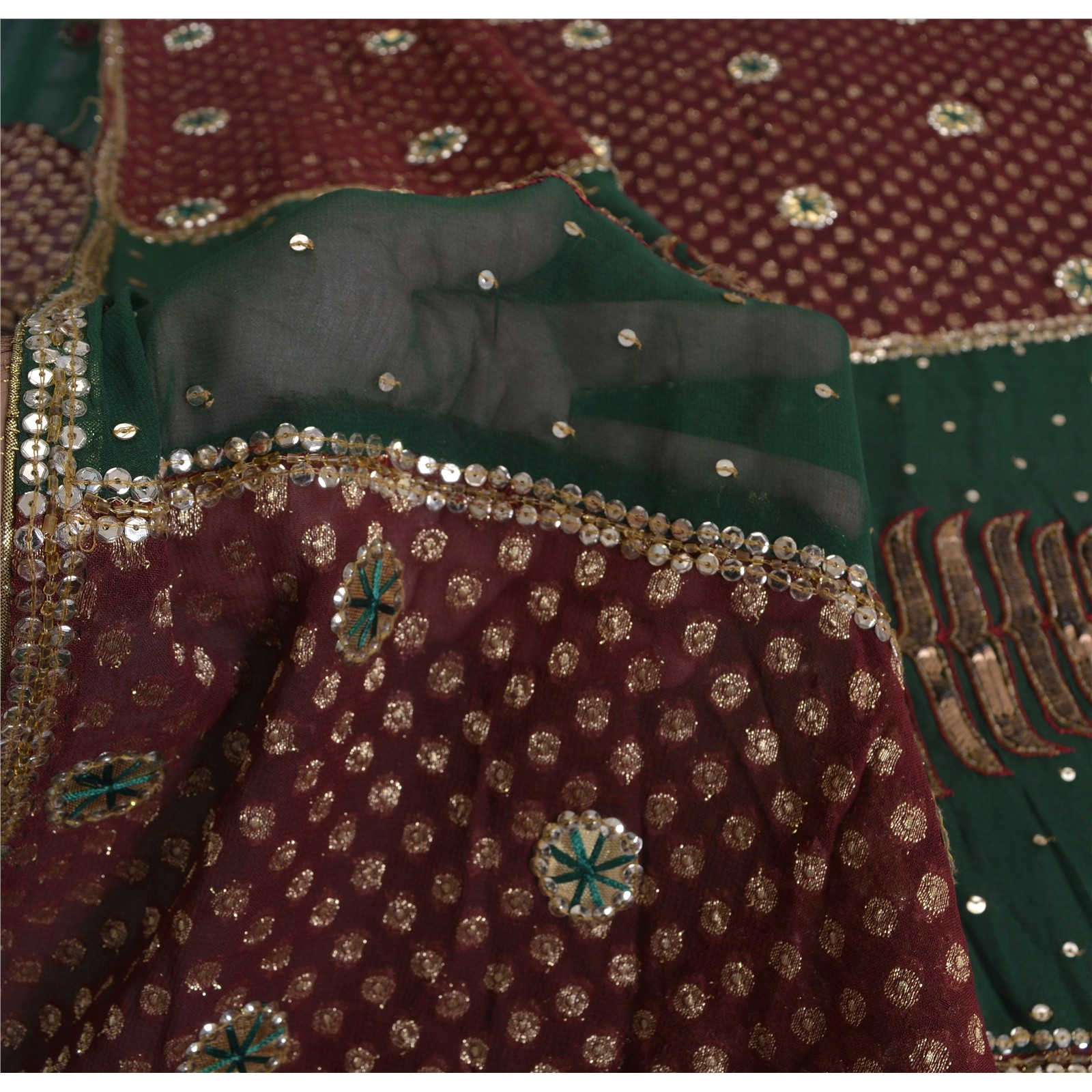 Sanskriti Vintage Green/Brown Sarees Pure Georgette Silk Hand Beaded Fabric Sari