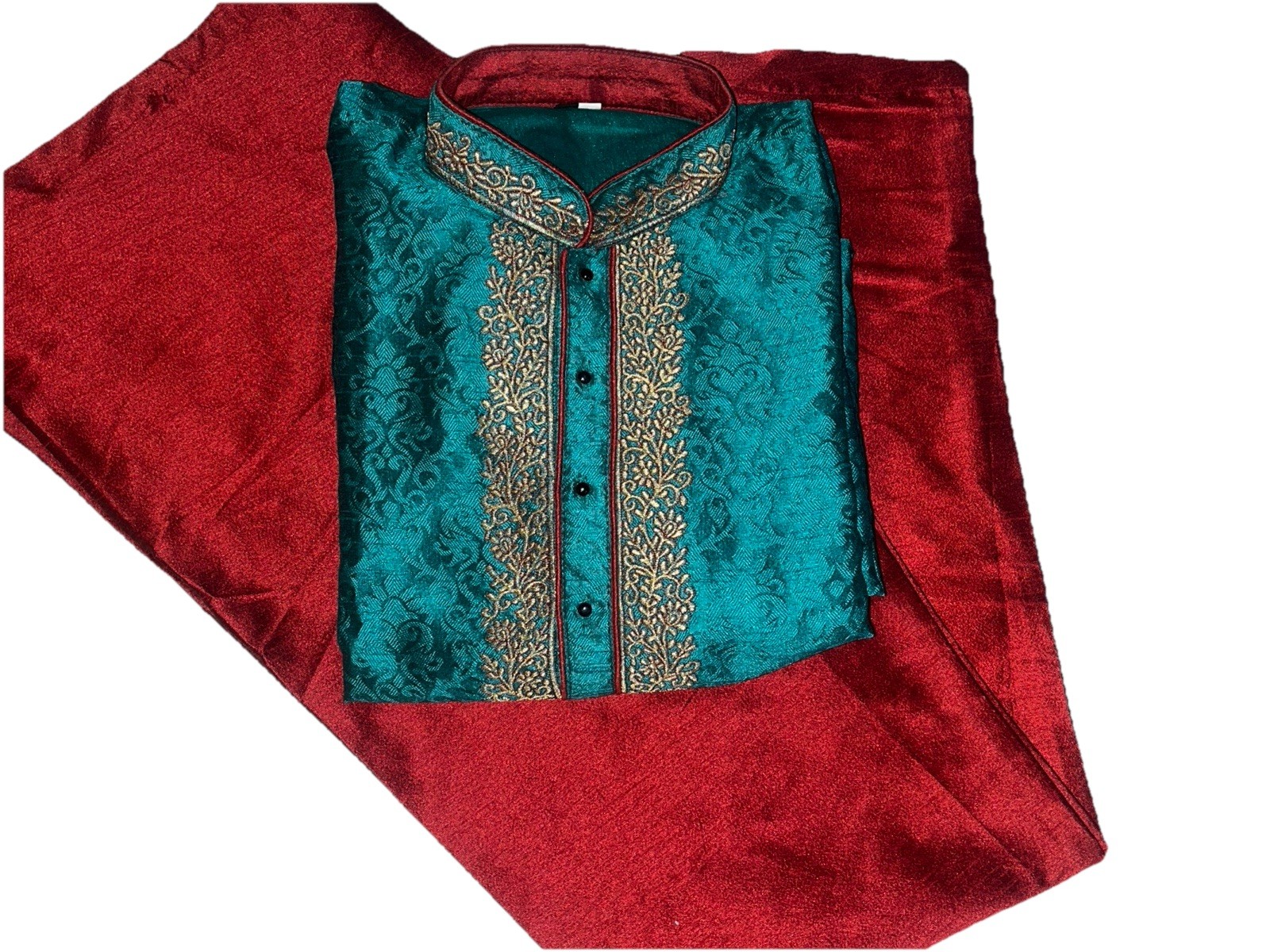 India Ethnic Men’s 2 Piece Green Kurta & Maroon Draw String Pant
