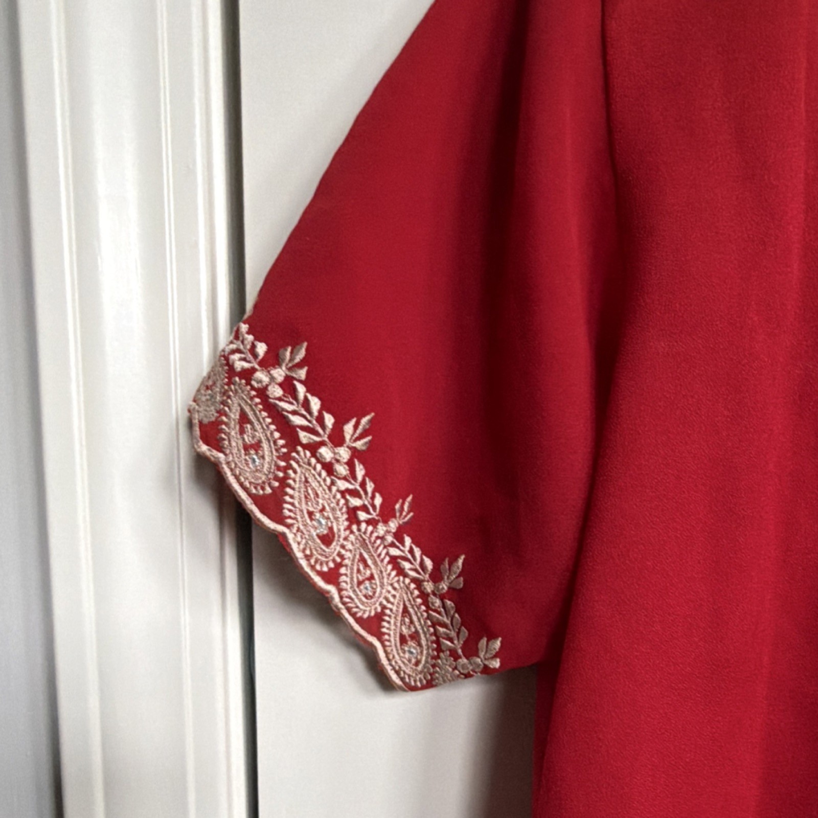 Red Embroidered Kurta for Women with Gold Detailing, Short Sleeves