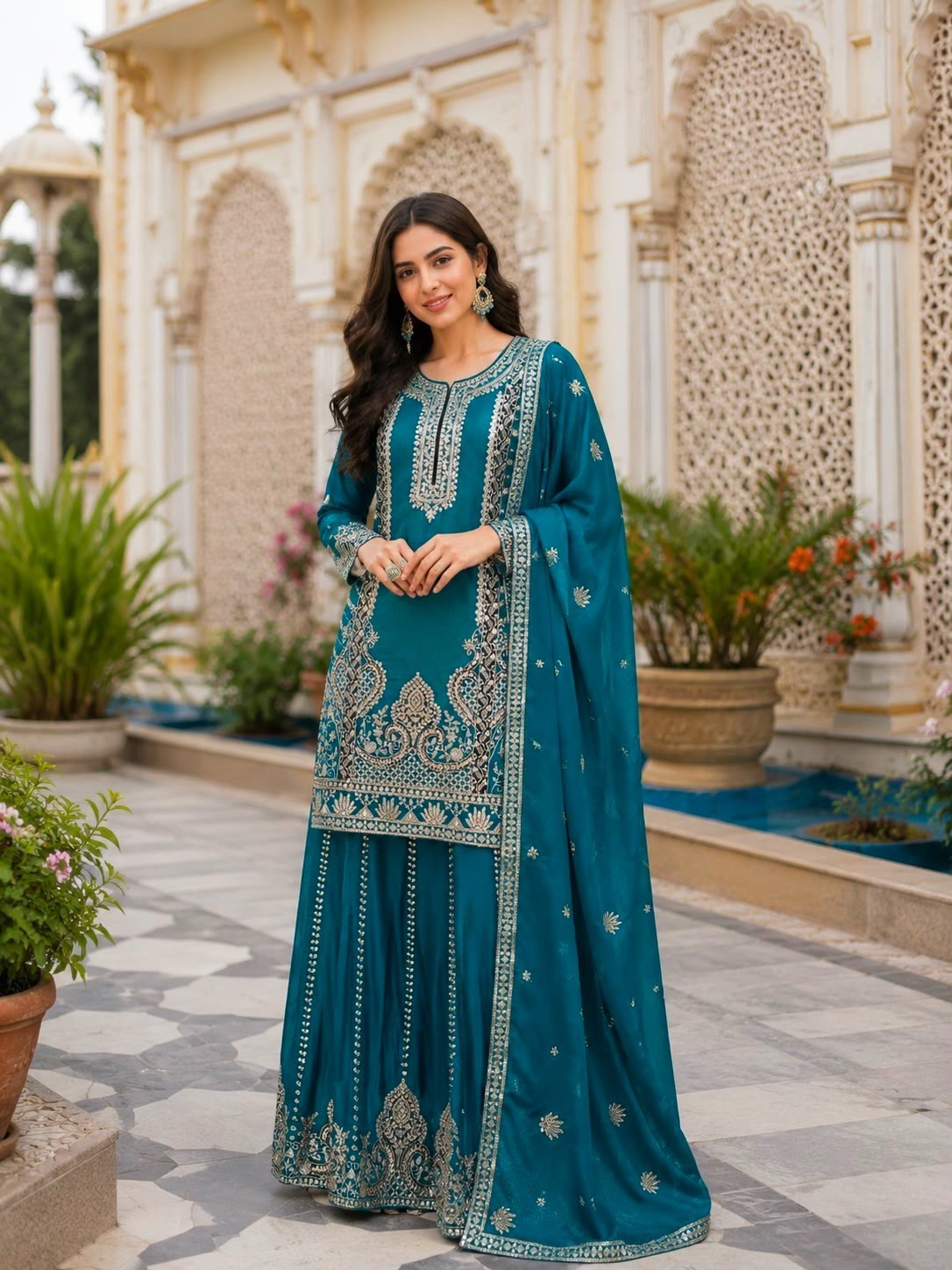 Peacock Blue Embroidered Pakistani Suit Women 3 Piece Party Wear Dress