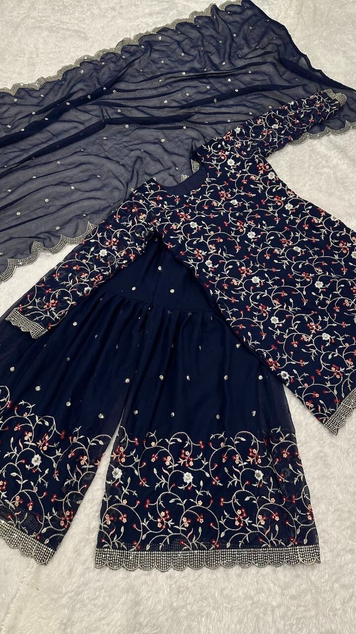 Pakistani Style Georgette Top Palazzo With Dupatta For Eid