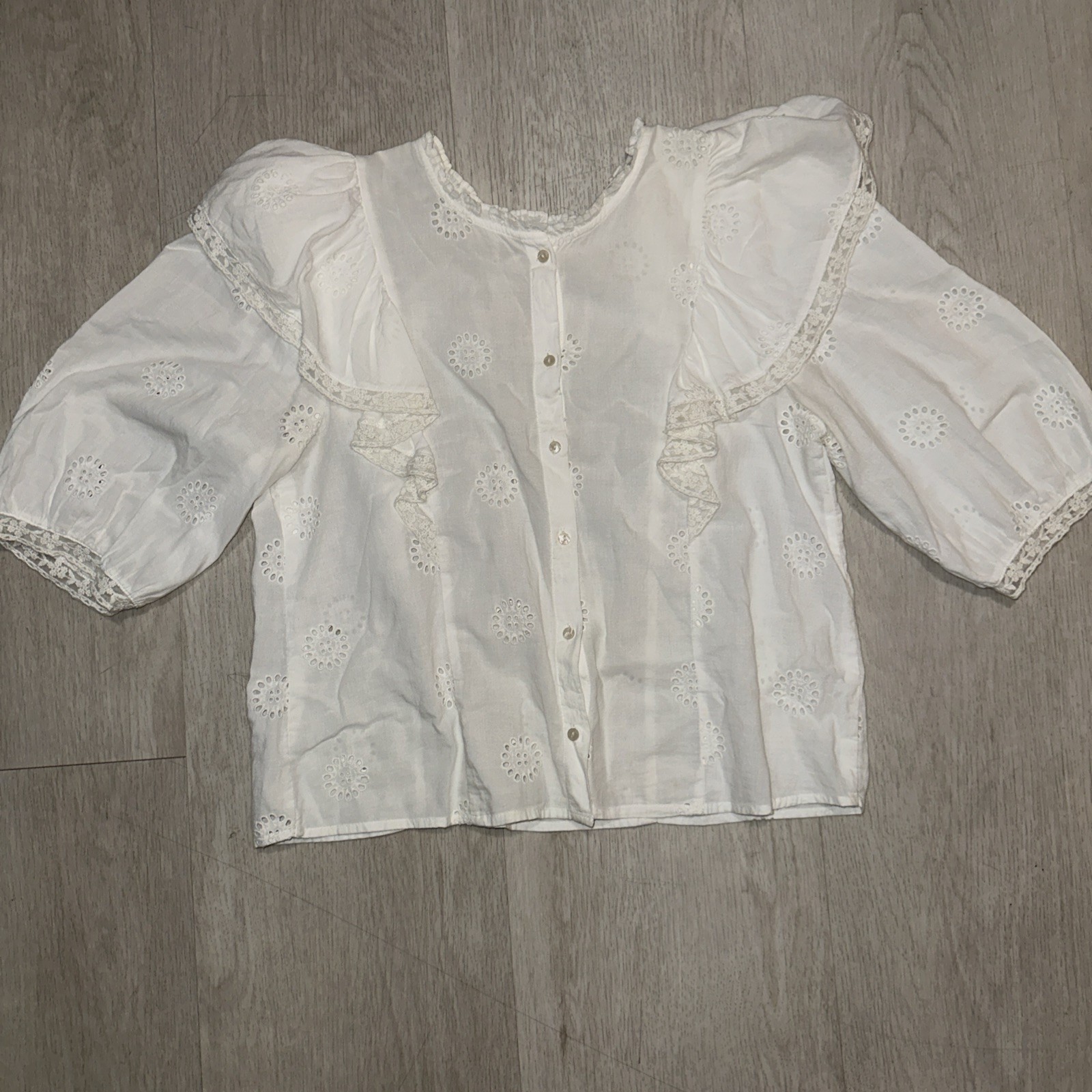 Floral Button Blouse White Dirndl German Mid Sleeve Top