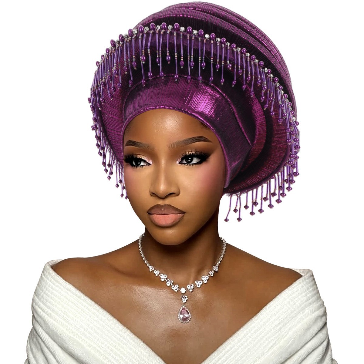 African Auto Gele Headtie for Women Tassels Lady Turban Headpiece Wrap Headwear