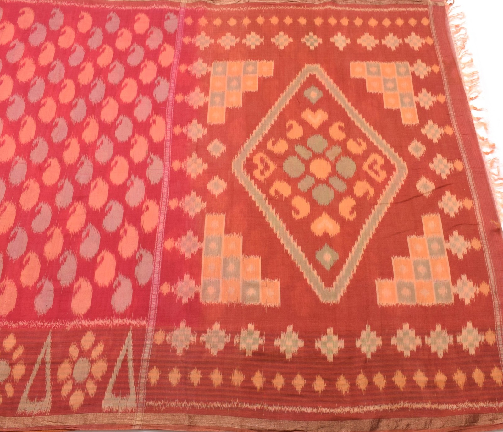 Sushila Vintage Sambalpuri Ikat Saree Hand Woven Pure Silk Red Sari Fabric