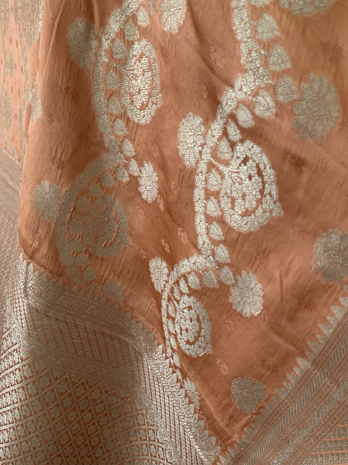 Dark Peach Banarasi Mashru Handloom Pure Silk Saree Partywear Wedding Sari Women
