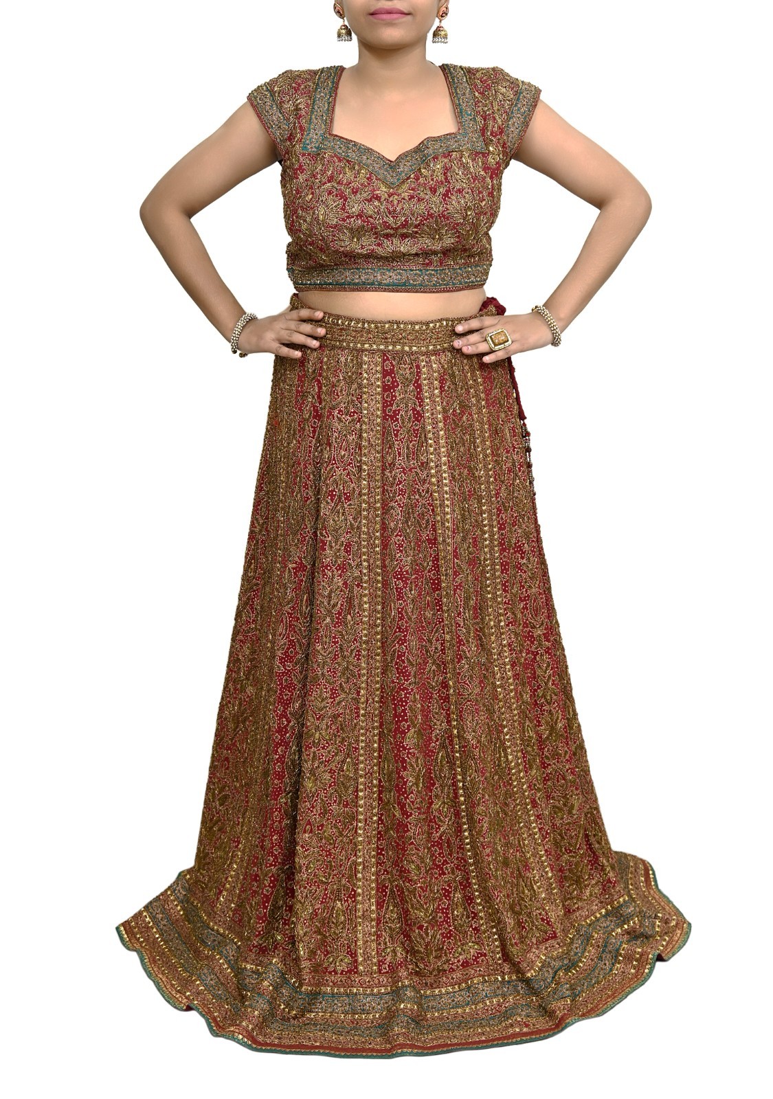 Pre-owned Maroon Pure Silk Hand Embroidered Ritu Kumar Designer Lehenga 3pcs set