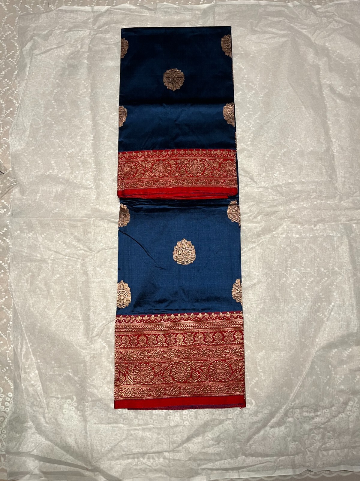 Exquisite Pure Katan Banarasi Silk Saree – Peacock Blue with Red Zari Border