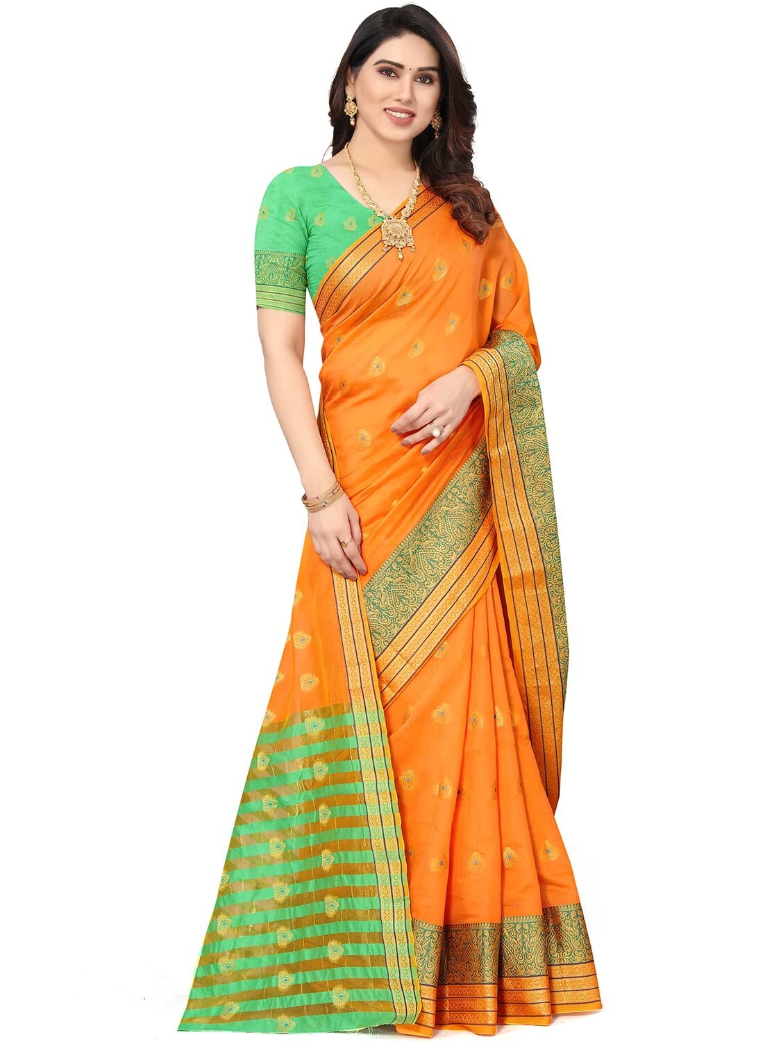 Women’s Jacquard Cotton Blend Golden Zari Woven Saree with Running Boluse Piece