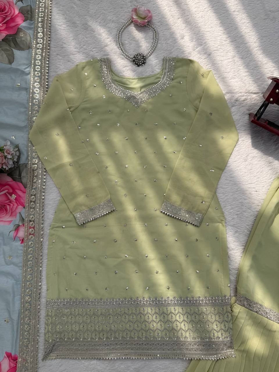 New Faux Georgette Sage Green Top Palazzo With Dupatta For Ethnic Wear