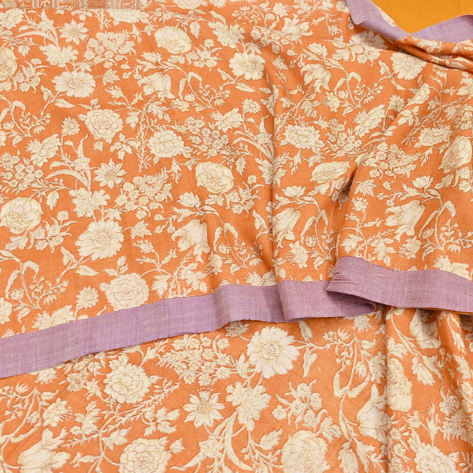 Indian Vintage Sari Orange & Beige Pure Woolen Woven Printed Sarees Soft Warm