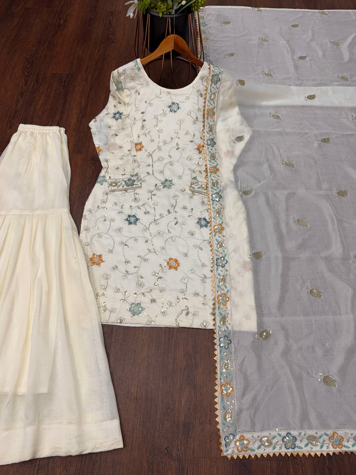 Off White Latest Pure Chinon Top Palazzo With Dupatta For Wedding & Party Wear