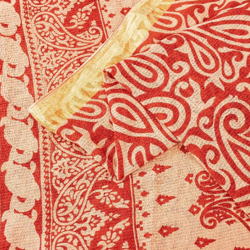 Sanskriti Vintage Sarees Red Pure Cotton Paisley Print 5+Yd Sari For Up Cyclers