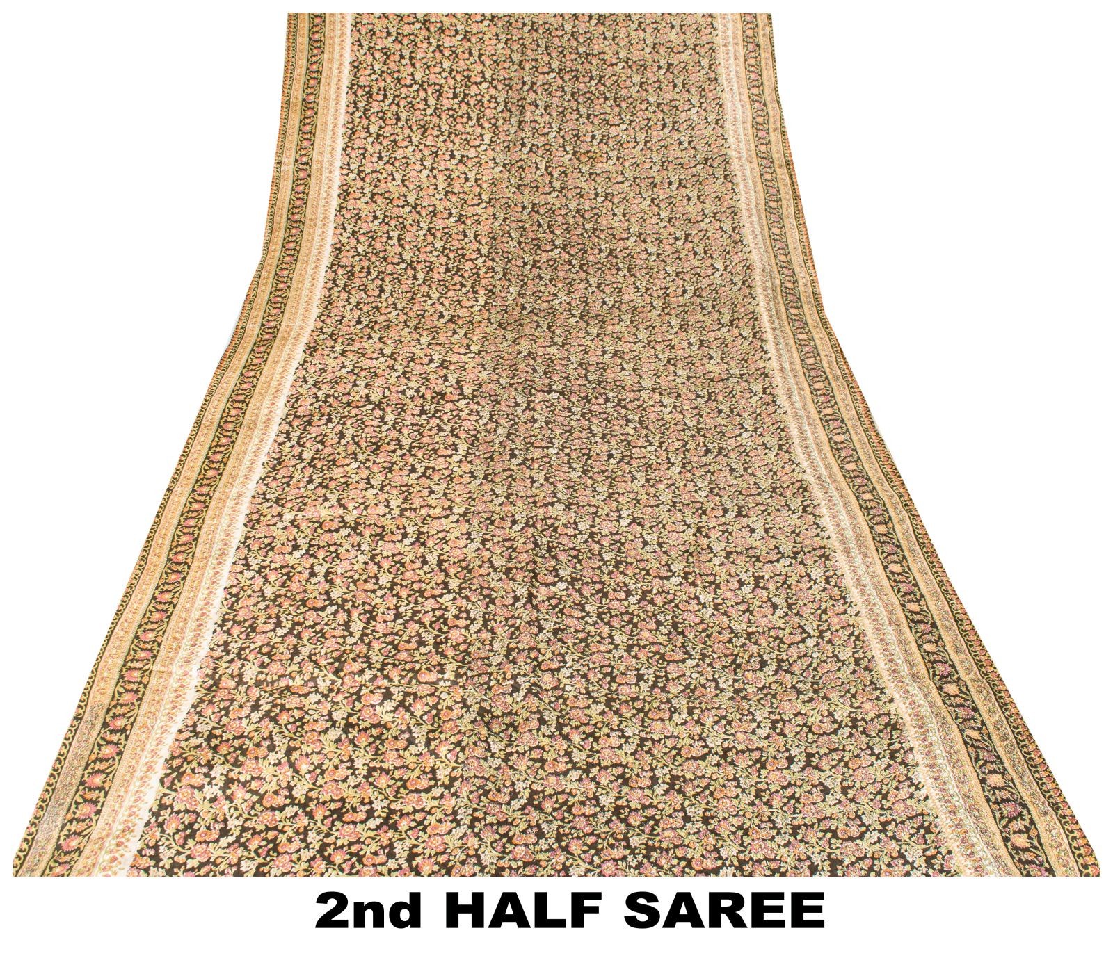 Sanskriti Vintage Brown Saree Pure Silk Kantha Embroidered Floral Print Sari 5Yd