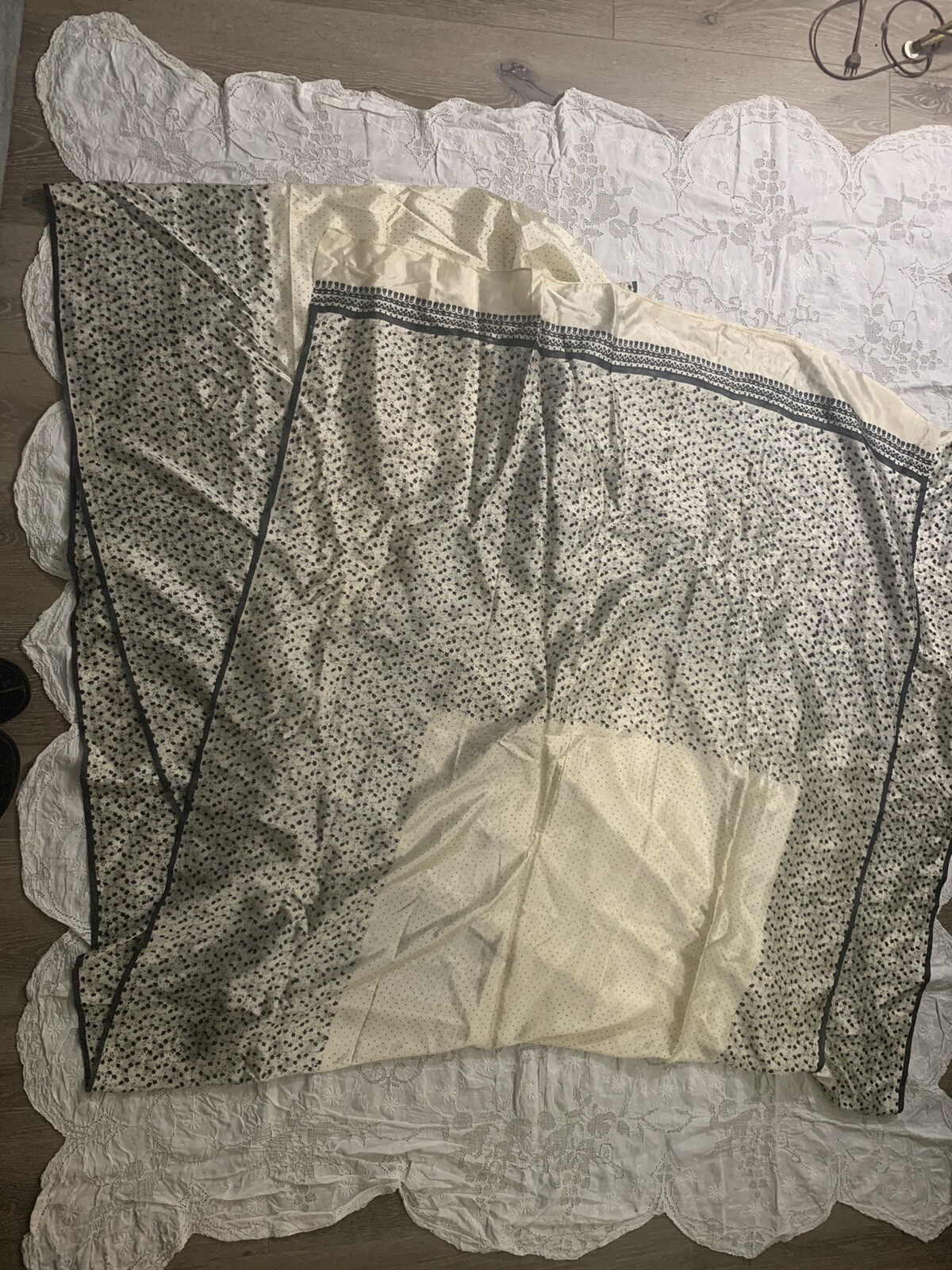South Asian Ivory And Black Flora Silky Synthetic Machine Edge Sari