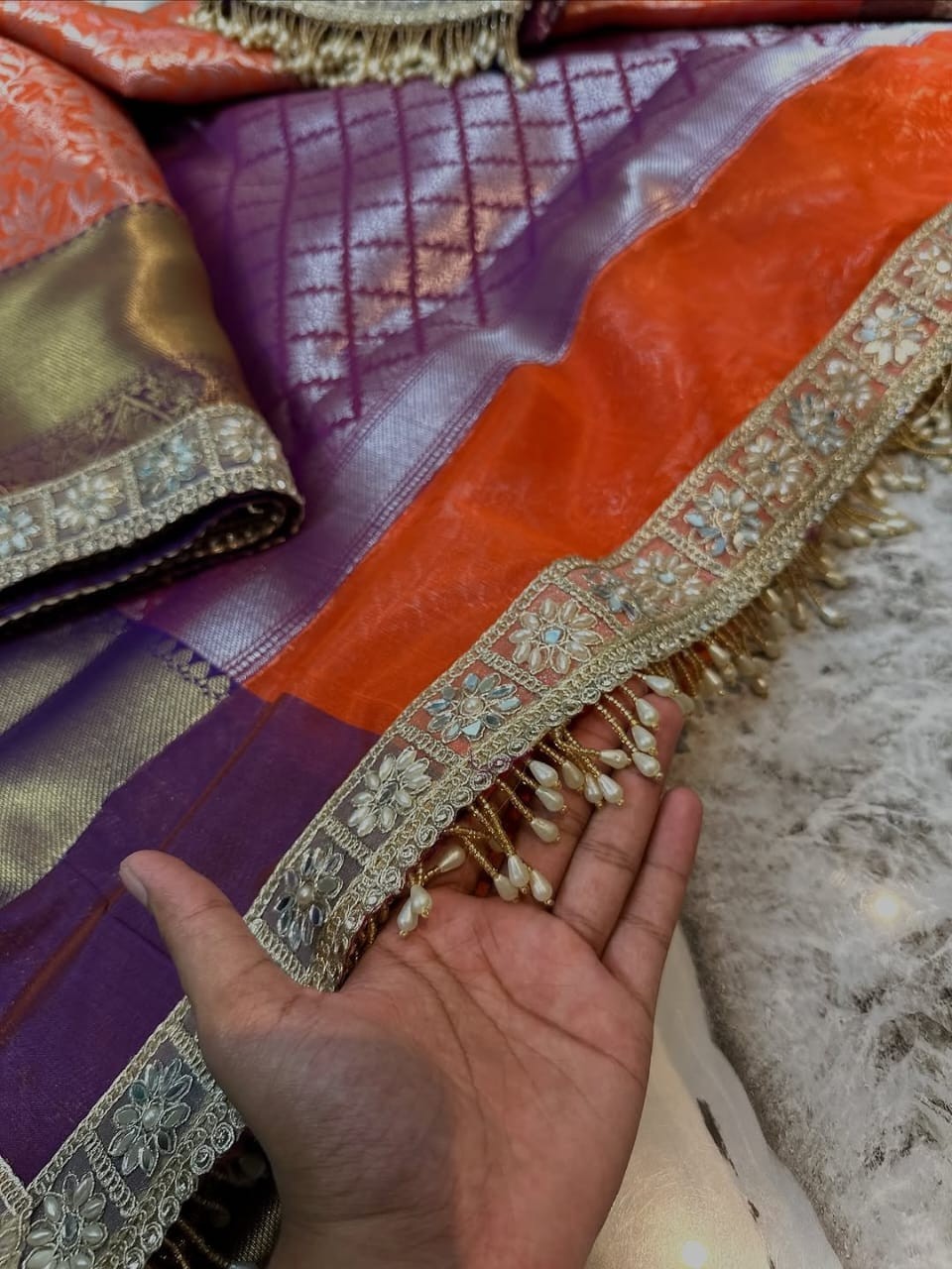 Indian Designer Tissue Silk Saree Banarasi Zari Weaving Fancy Lace Border Sari