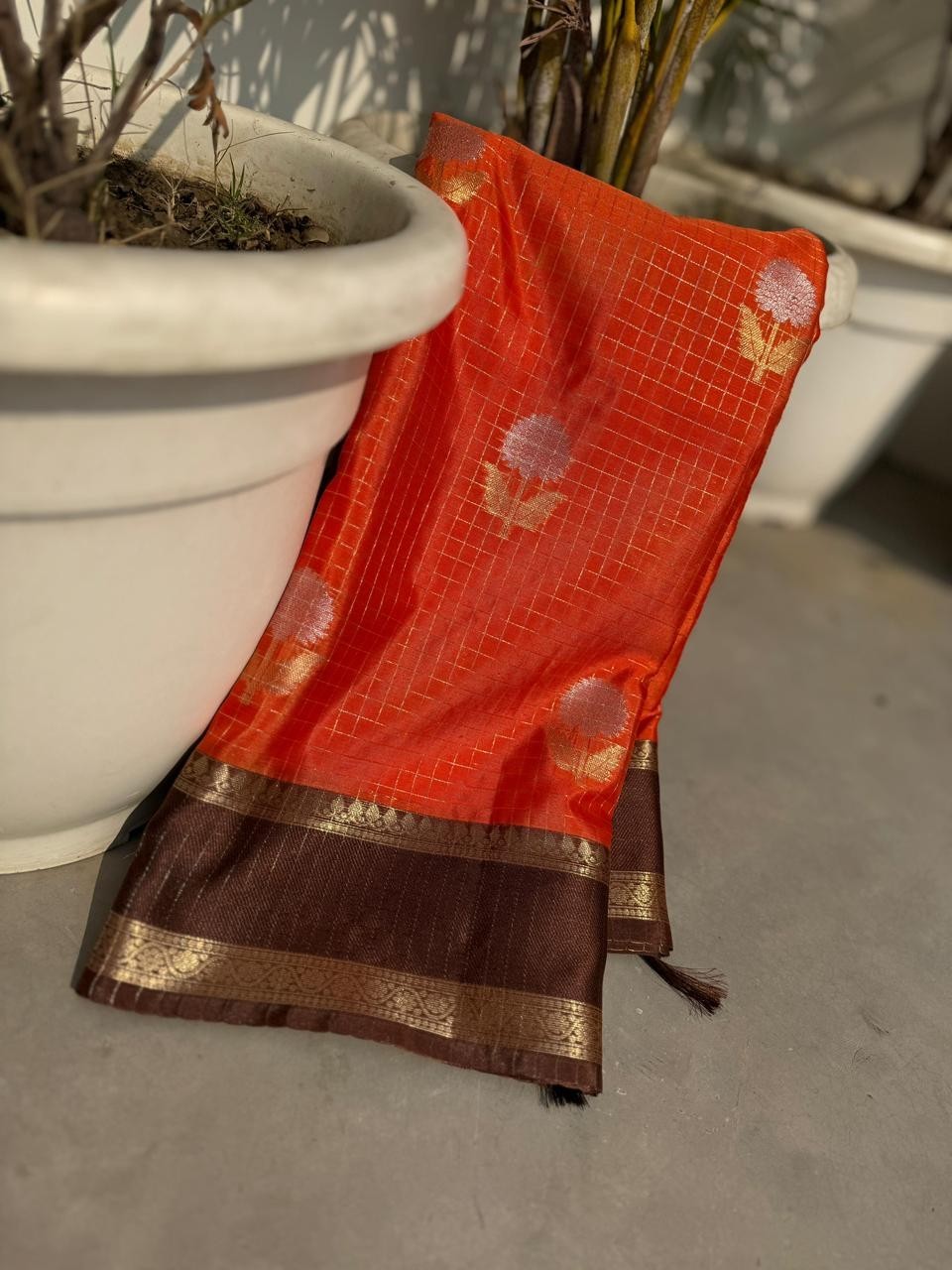 Trending Rust Orange Banarasi Soft Silk Saree with Gold Zari Checks & Blouse