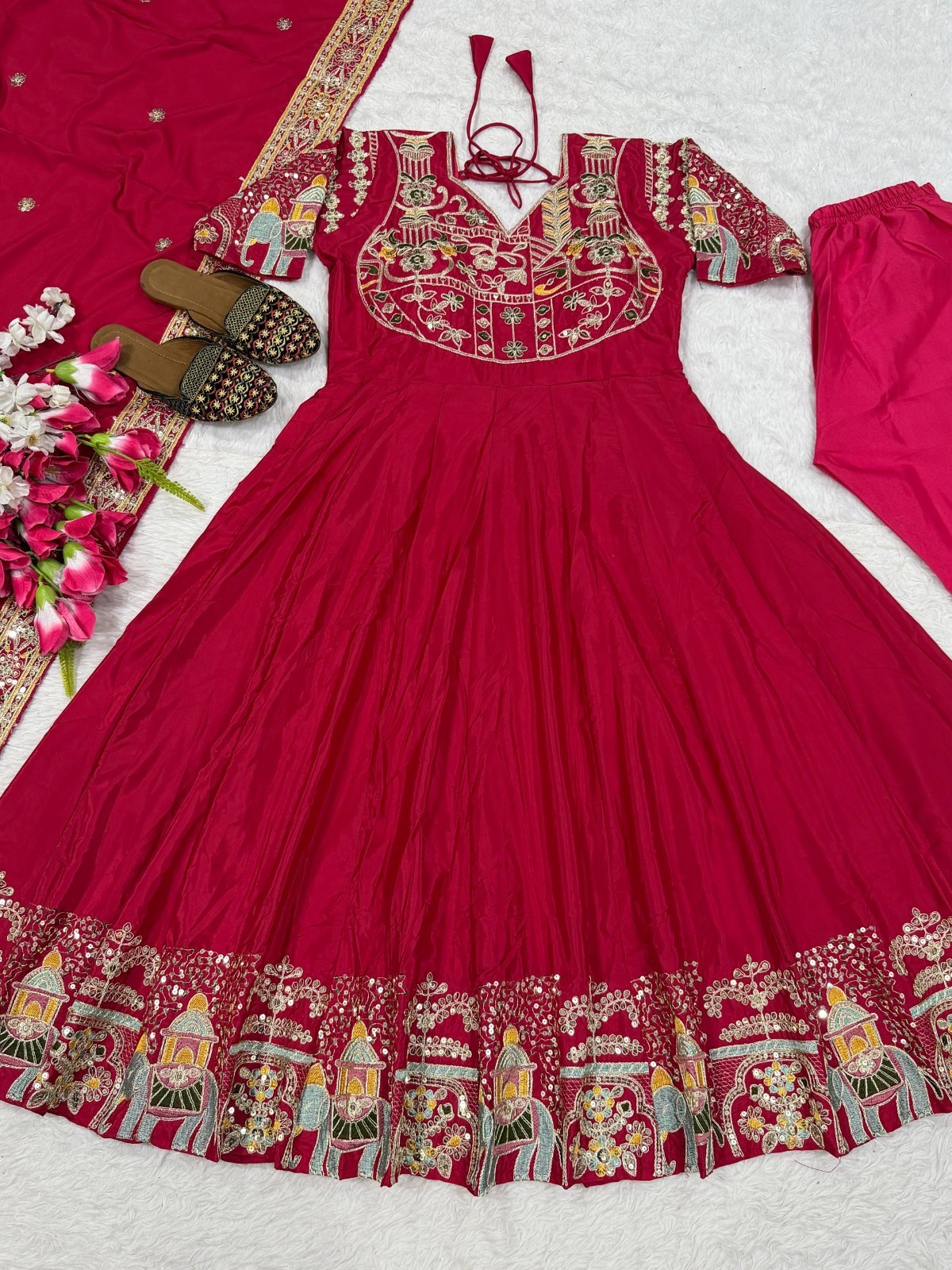 Latest Natural Crepe Pink Gown Bottom With Dupatta For Indian Functional Wear