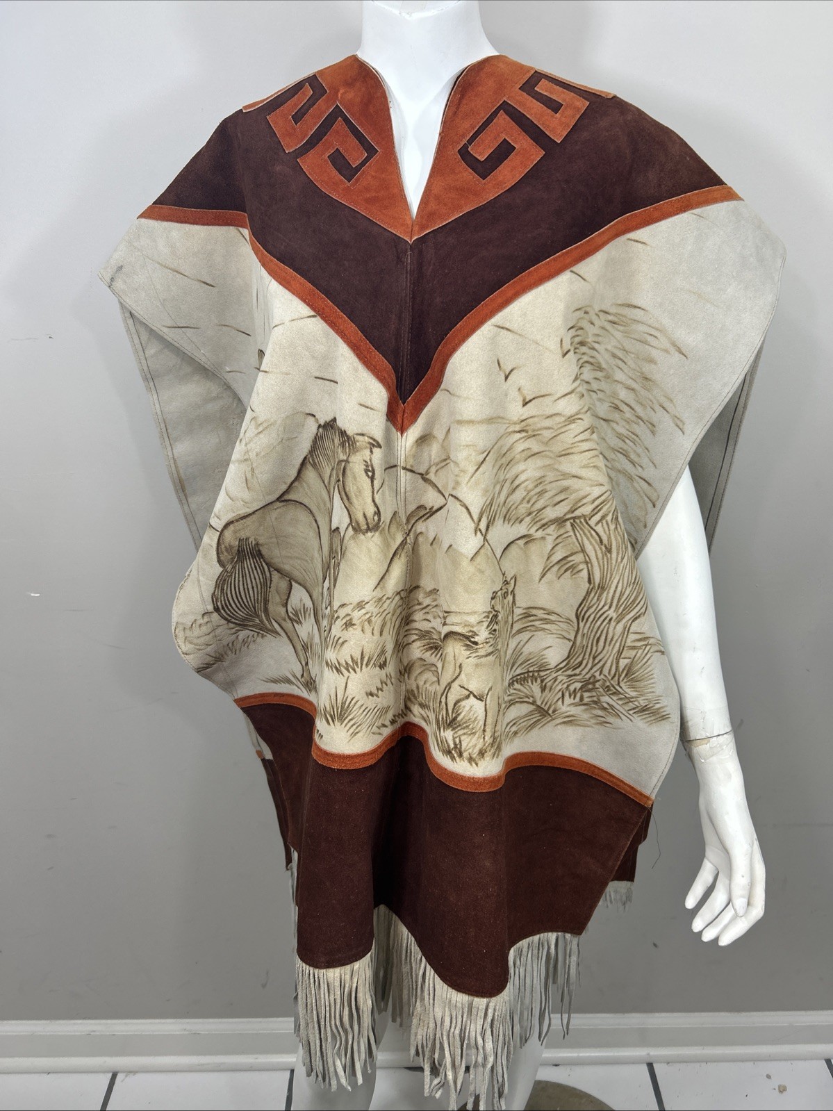 Authentic Leather Wool Handmade Fringe Satin Poncho Wildlife Animal Mexico Made
