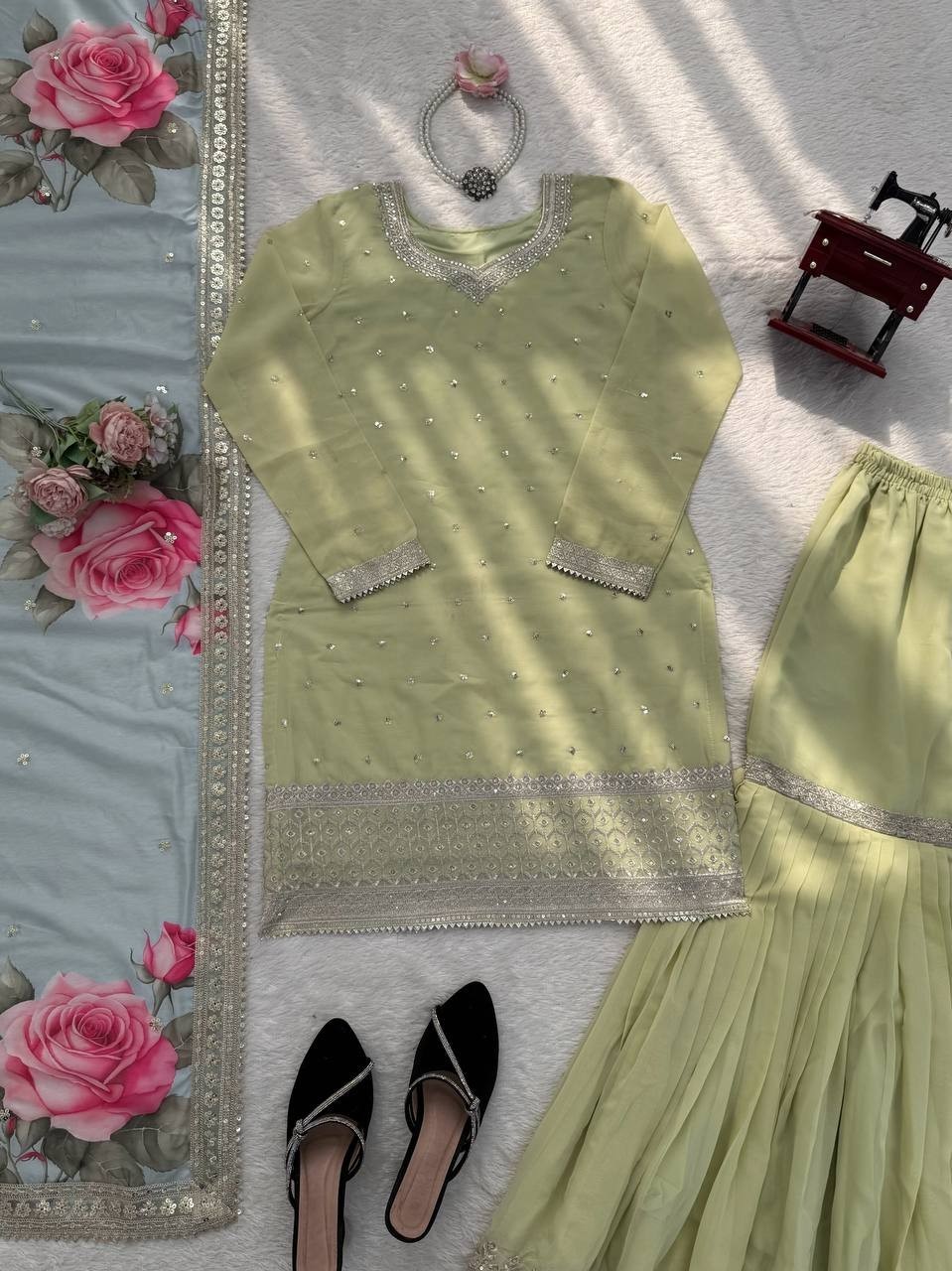 New Faux Georgette Sage Green Top Palazzo With Dupatta For Ethnic Wear