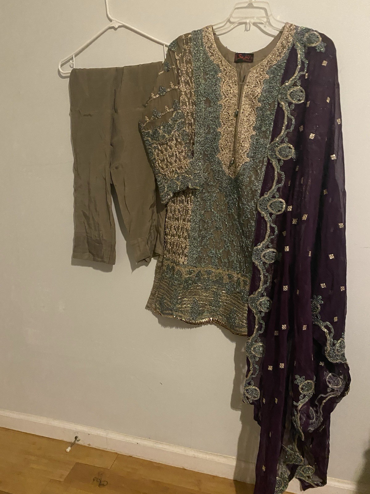 Sajni Fashion Pakistani Beige Blue Purple Salwar Kameez Women’s Net