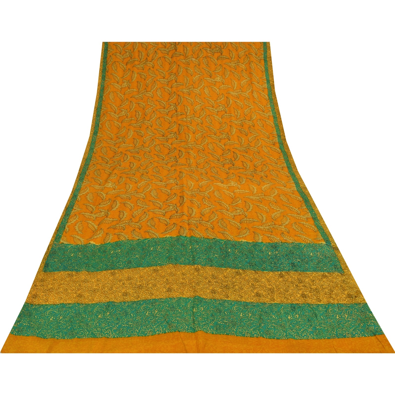 Sanskriti Vintage Sarees Yellow Pure Crepe Silk Printed Sari 5+Yd Craft Fabric