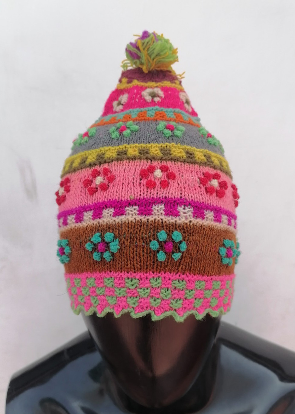 Unisex Chullo Knitted Sheep Wool Multicolored Flowers Cusco