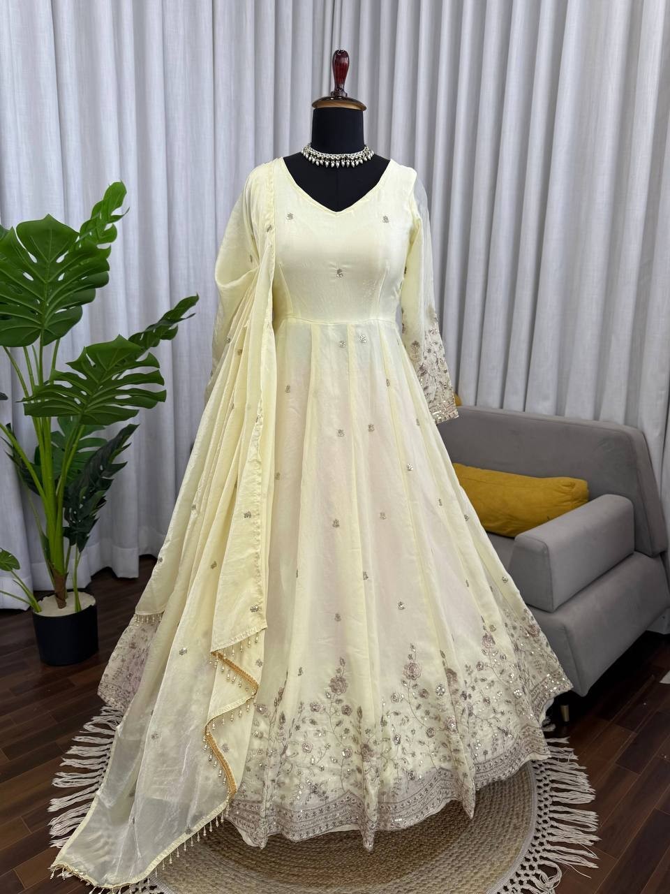 New Launching Silk Off White Gown Bottom With Dupatta For Functional Wear