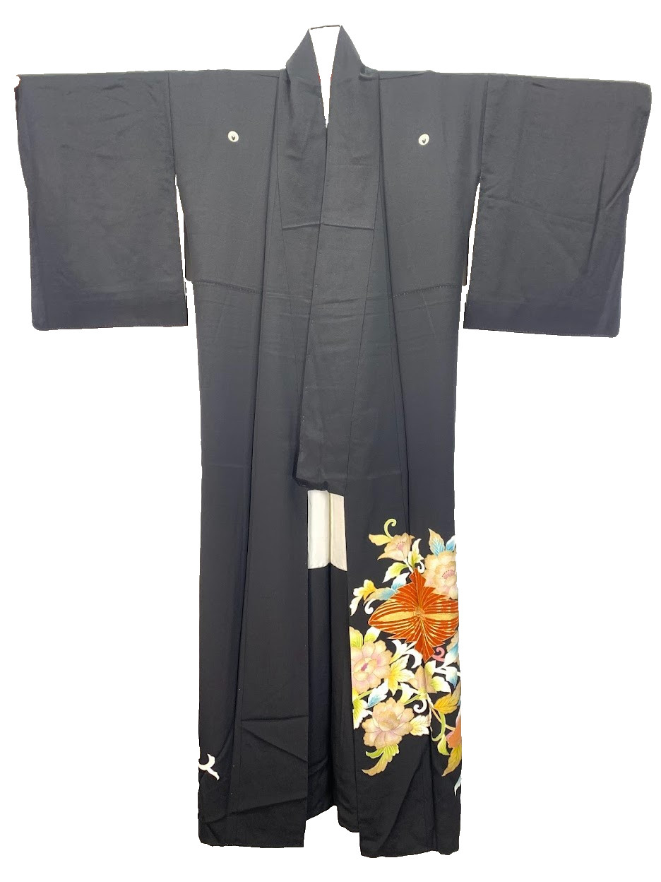 Vintage Japan Silk Kurotomesode Kimono Dress M Black Peony Yuzen Kinsai Gift Fed