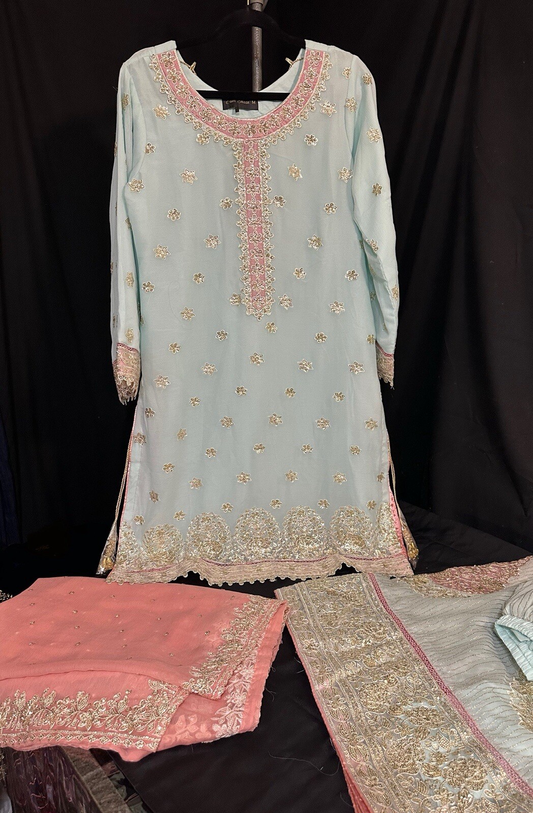 EID COLLECTION, Premium Chiffon Emb/Seq 3 Pc Plazo Suit – Large – $85