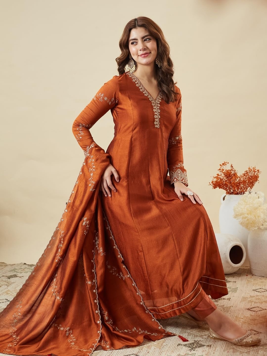 Pakistani 3 Piece Silk Embroidered Anarkali Ethnic Kurta Pant With Dupatta