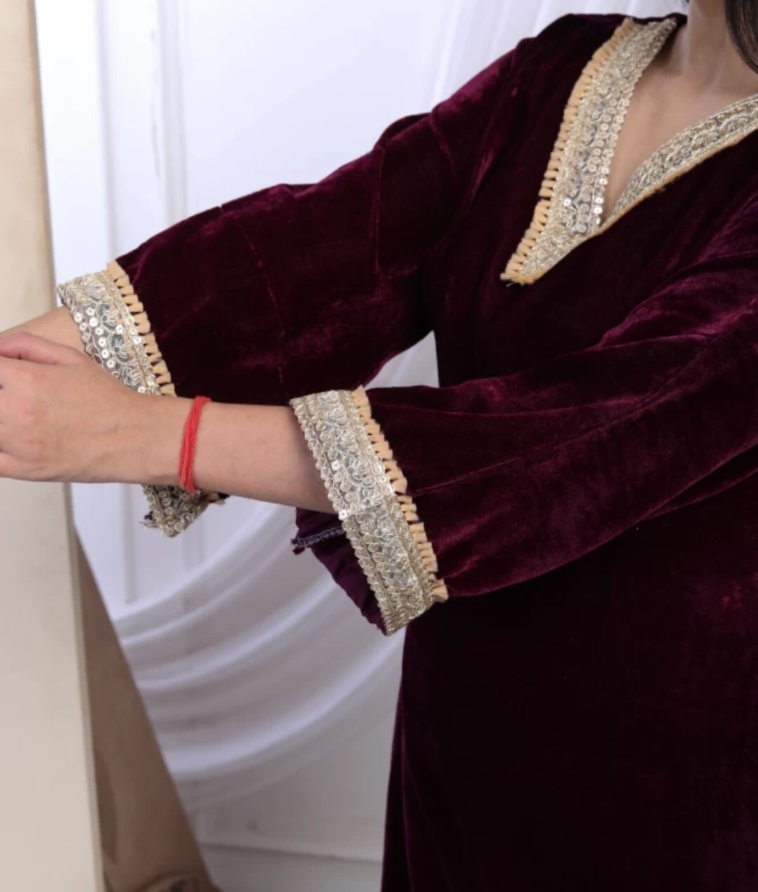 Indian Ethnic wear; Women Solid Zari Lace work Velvet Kurta with Salwar