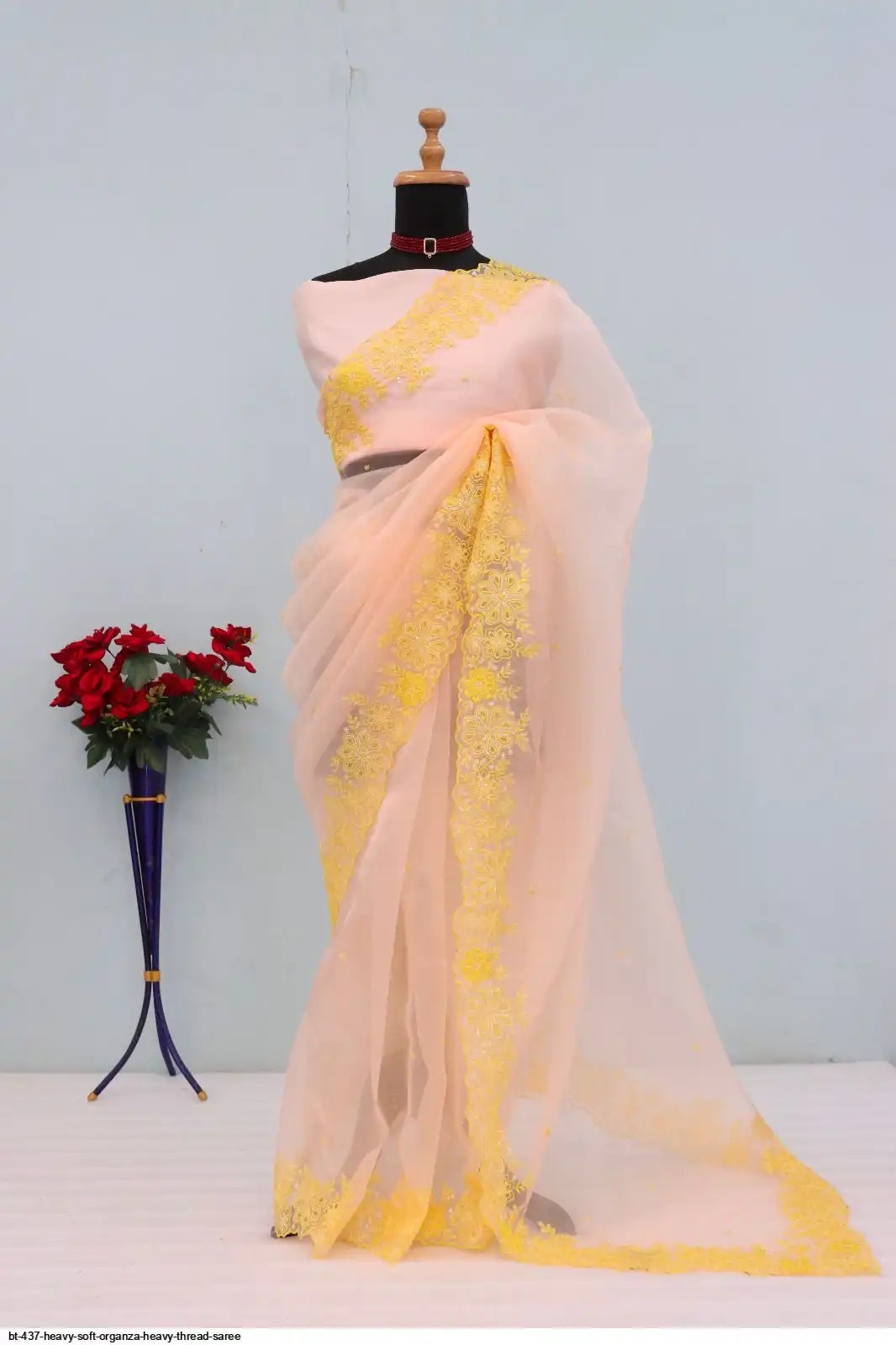 Heavy Soft Organza Saree – Light Orange with Thread Zari & Sequence Bord