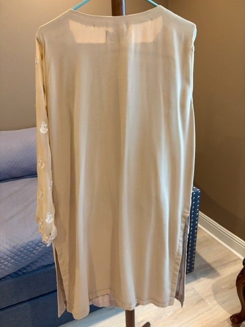 PAKISTANI 3 PC PANT SUIT BEIGE WITH EMBRIDERY AND PEARLS