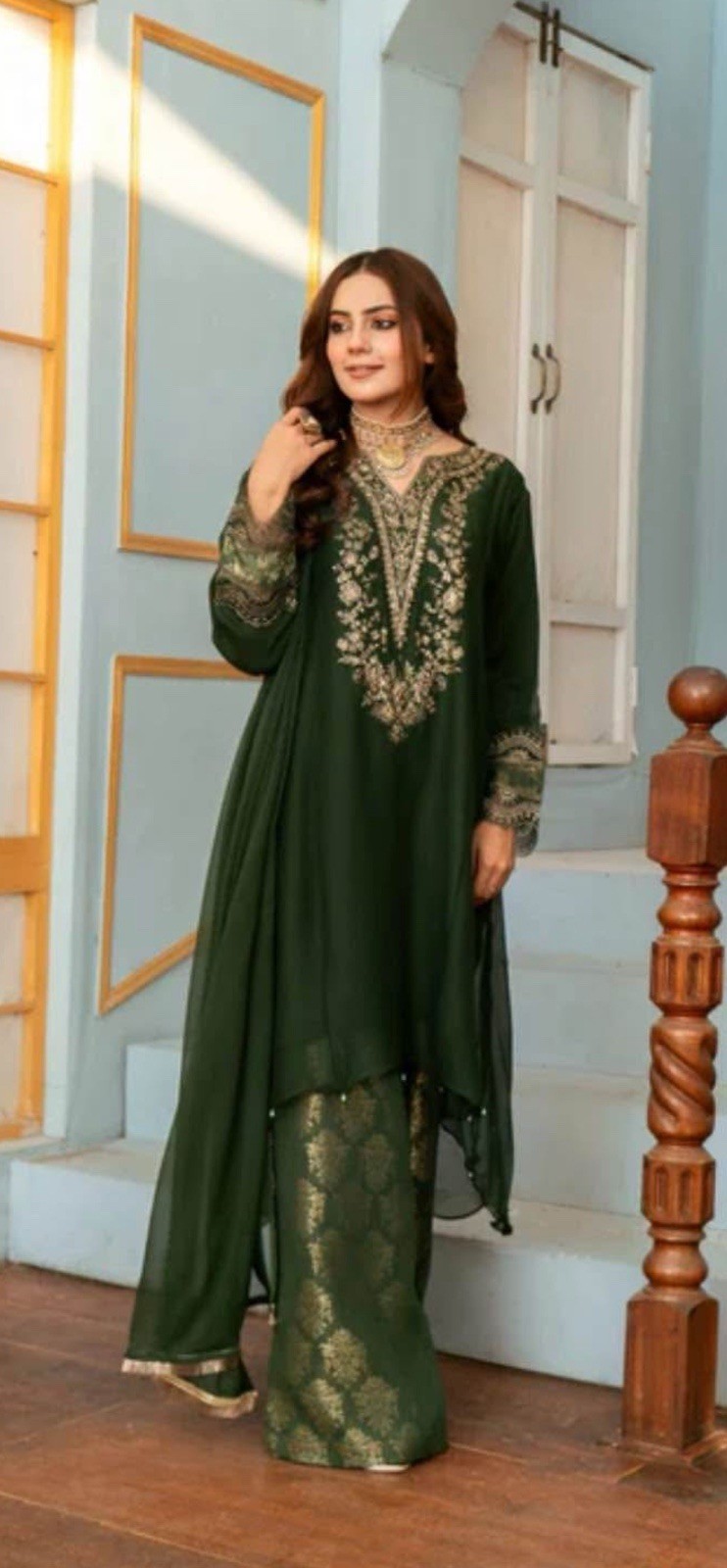 Green/Gray Stitched Three-Piece Shalwar Kameez Suit Size K