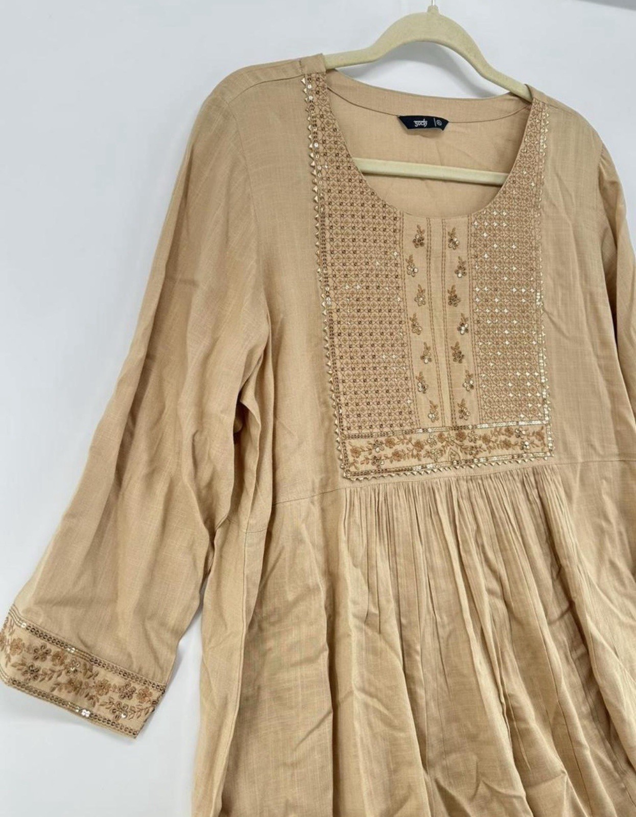 Soch Women’s XL Beige Embroidered Cotton Woven Kurta Top 3/4 Sleeve