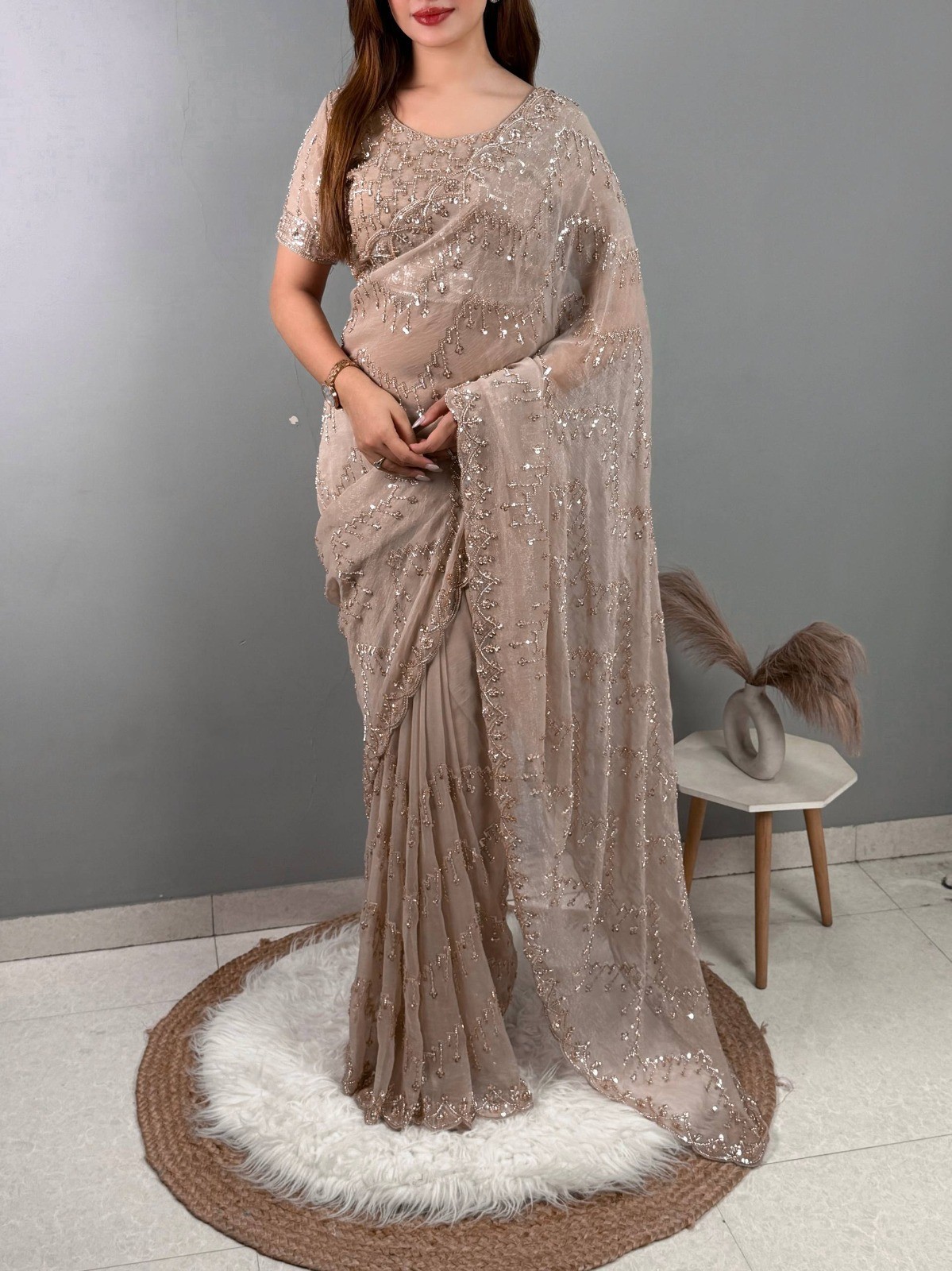 Beige Designer Saree Heavy Beads Sequins Work Wedding Party Wear Indian Sari