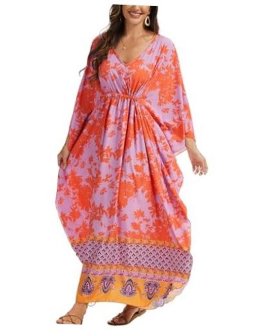 Kaftan Dresses for Women V Neck Summer Swimsuit Cover up One Size A-red Purple