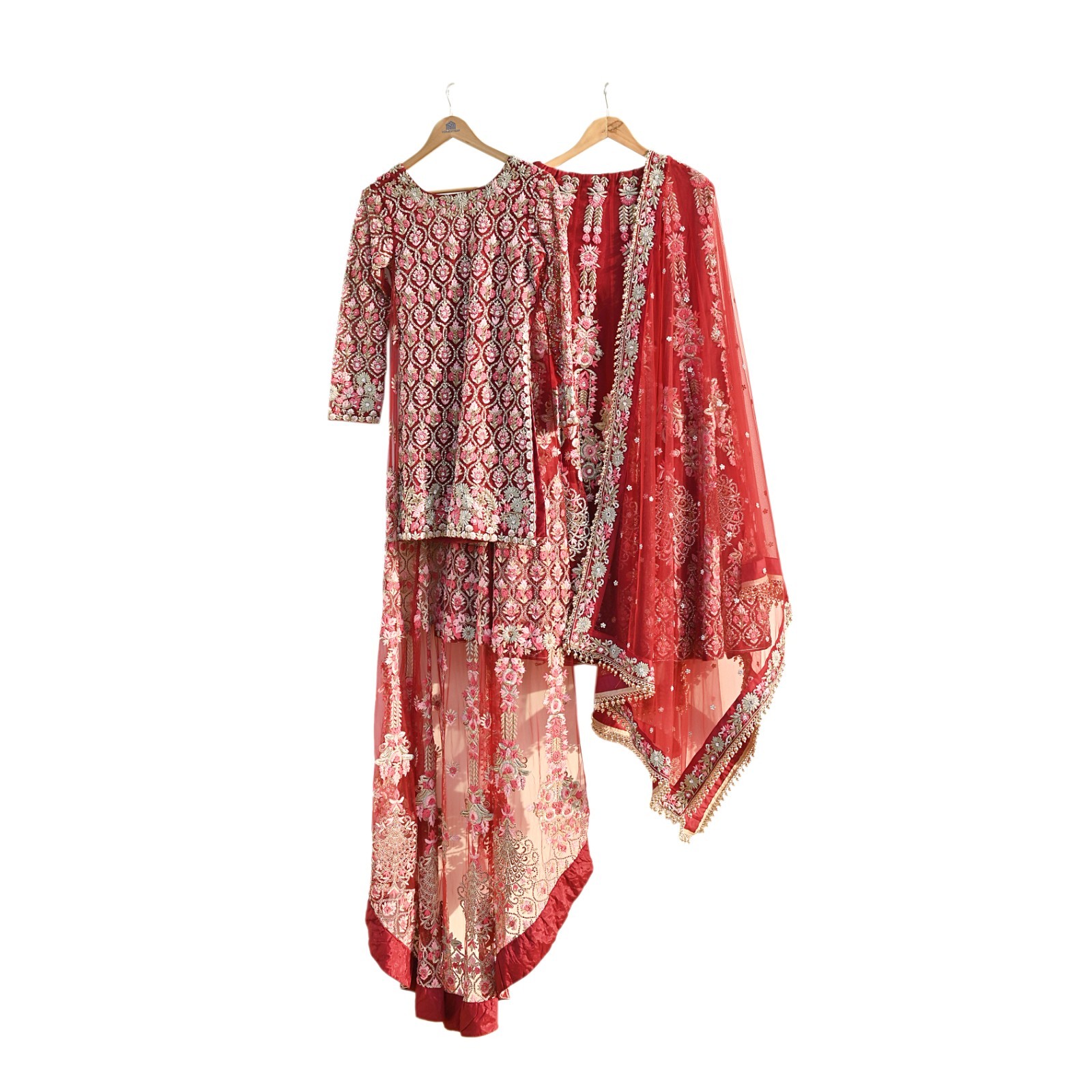 Indian Heavy Wedding Red Net/Mesh Hand Embroidered Lehenga 3pcs Designer Set
