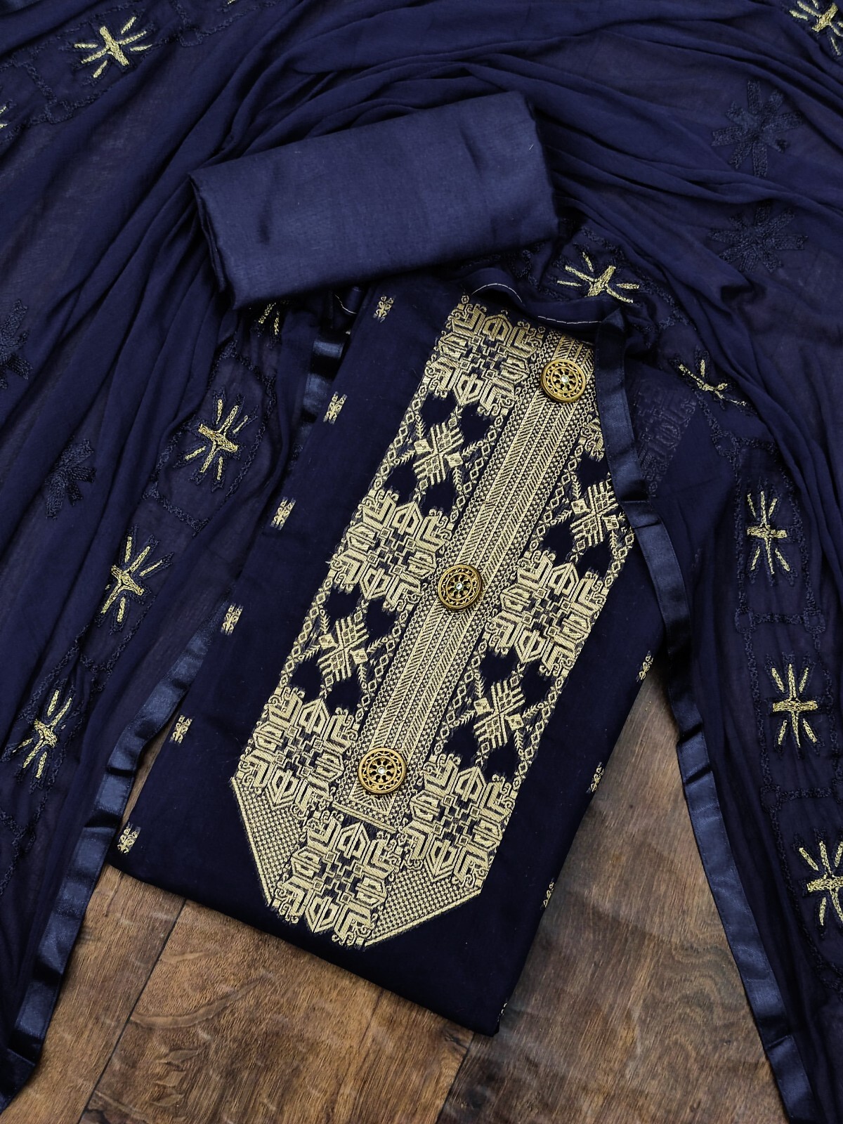 Women Jacquard Button & Woven Work Kurti salwar with Chanderi Duppta_2.10m_Blue